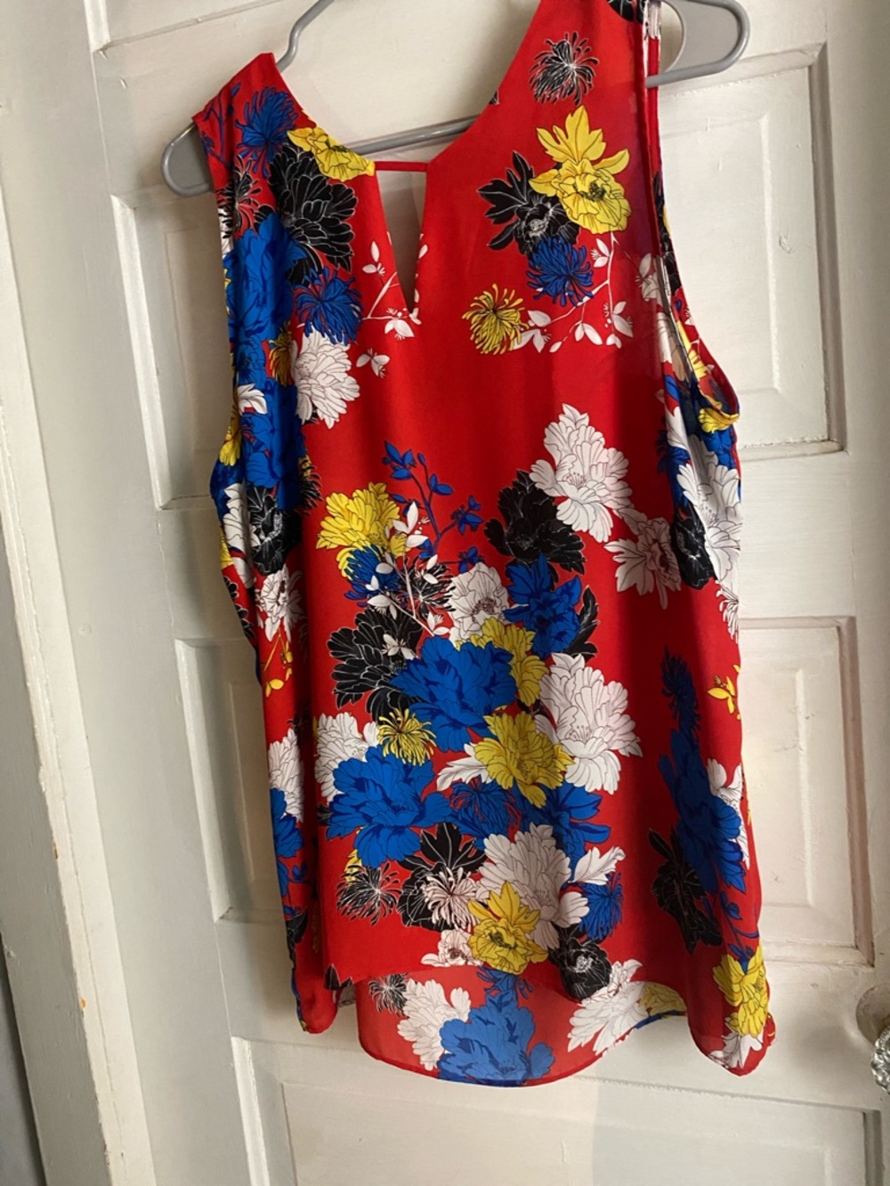 Red Floral Sleeveless Women's Top - Blue, Yellow & White Flowers